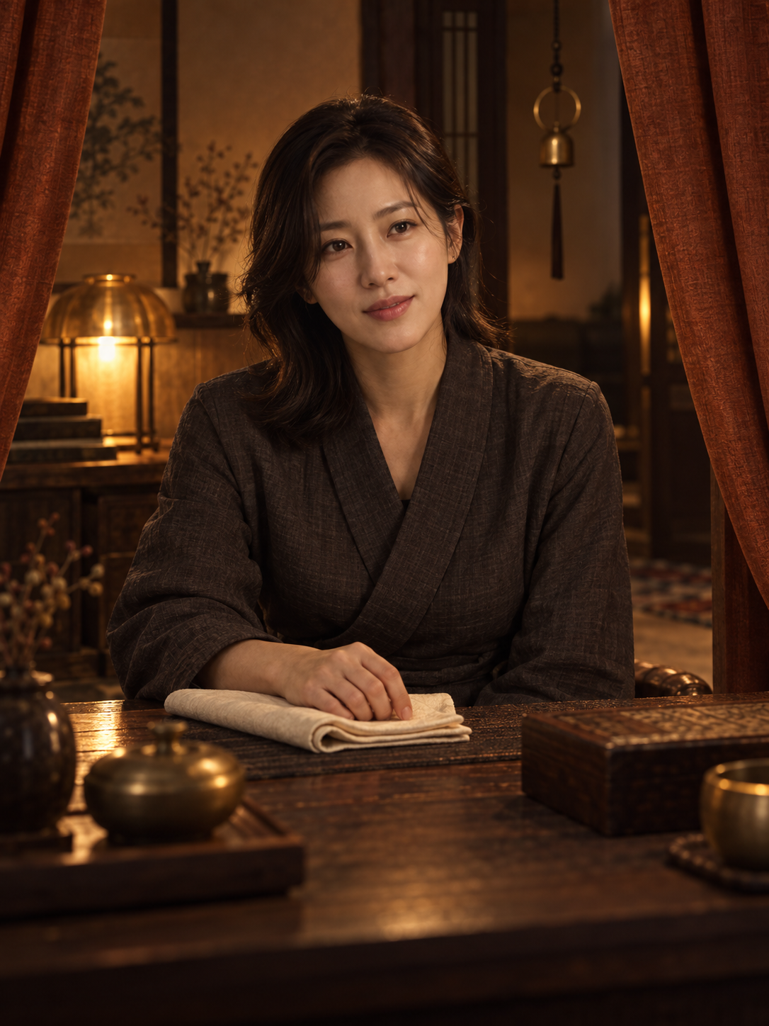 호박빛 조명과 커튼 안쪽에서 기다리는 가상 캐릭터 온